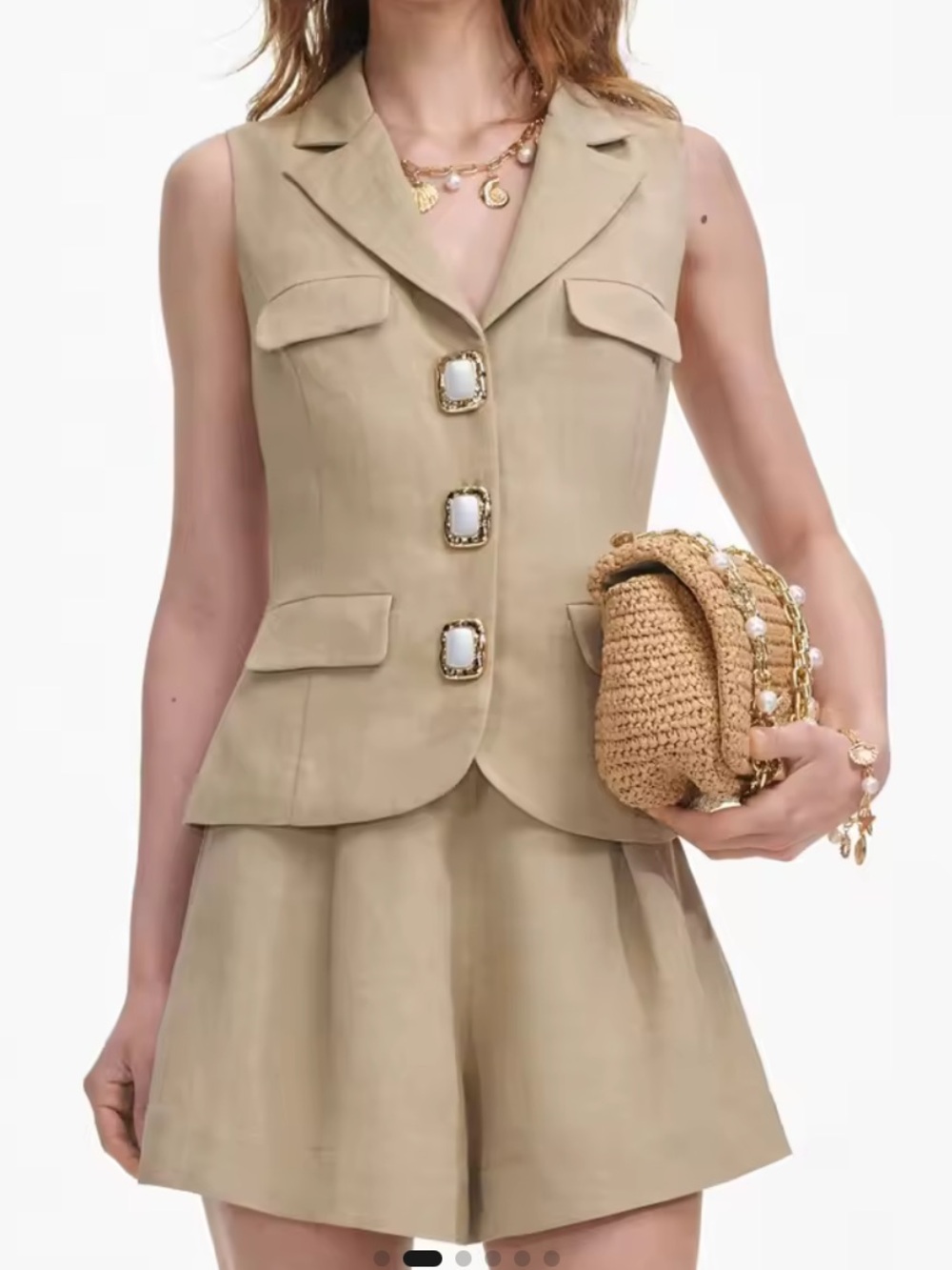 Sleeveless Lapel Two-Piece Shorts Set in Beige